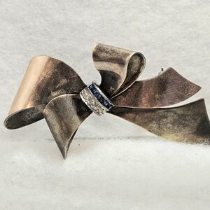 Vintage Sterling Taylord 1/20 12K Gold Filled Blue/Clear Rhinestones Bow Brooch